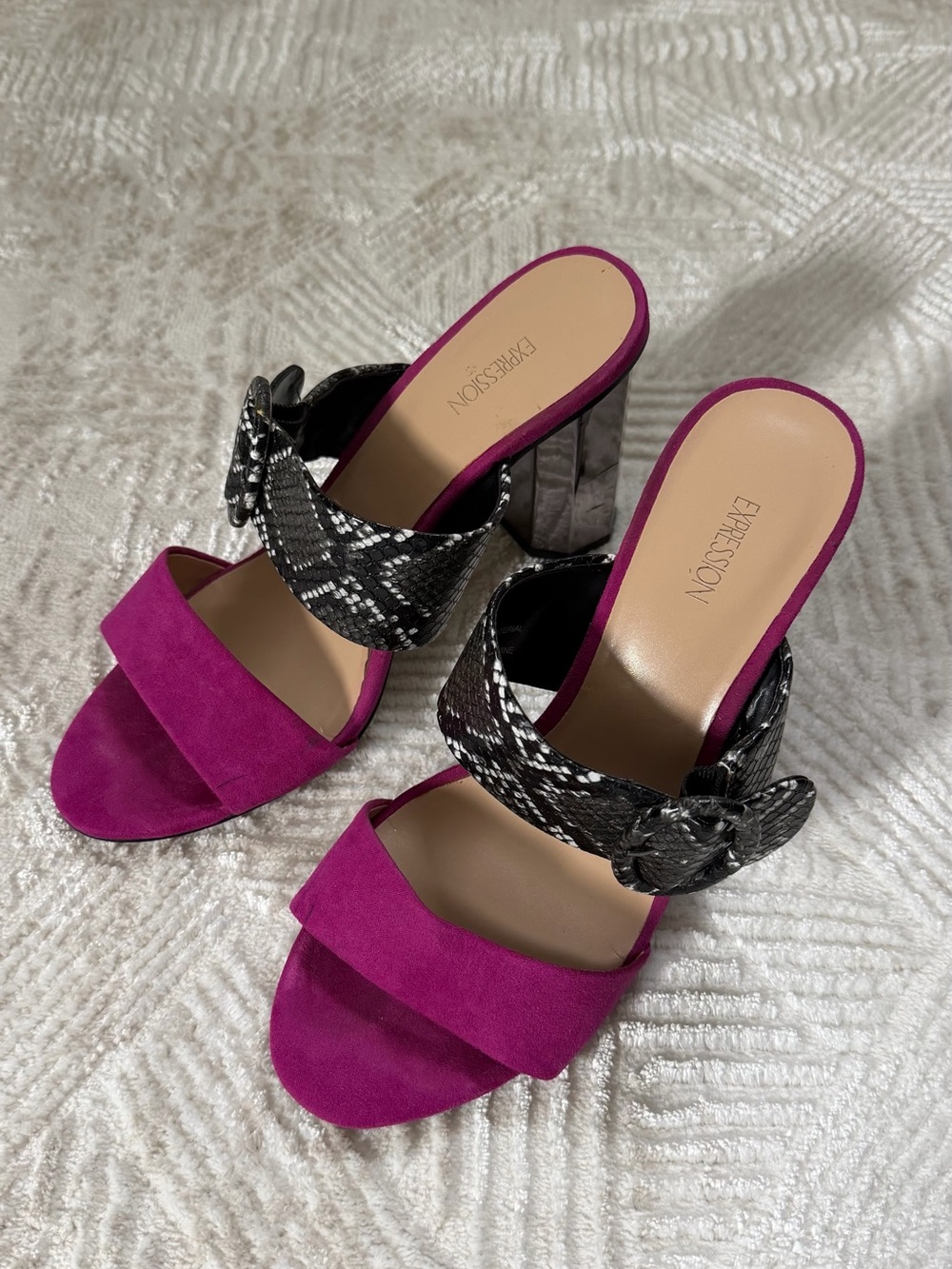 Expressions Fuchsia Suede & Black Snake-Print Block Heel Sandals